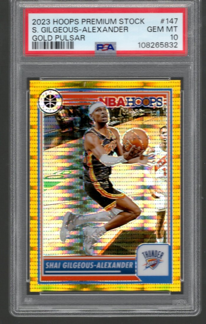 Shai Gilgeous-Alexander Gold Pulsar /10 2023-24 Premium Stock #147 PSA 10 NBA: Shai Gilgeous-Alexander Gold Pulsar /10 2023-24 Premium Stock #147 PSA 10 NBA, PSA Graded Cards, PSA Gem-MT 10 Cards, Oklahoma City Thunder Cards, Basketball Cards, NBA Trading Cards, NBA MVP Cards