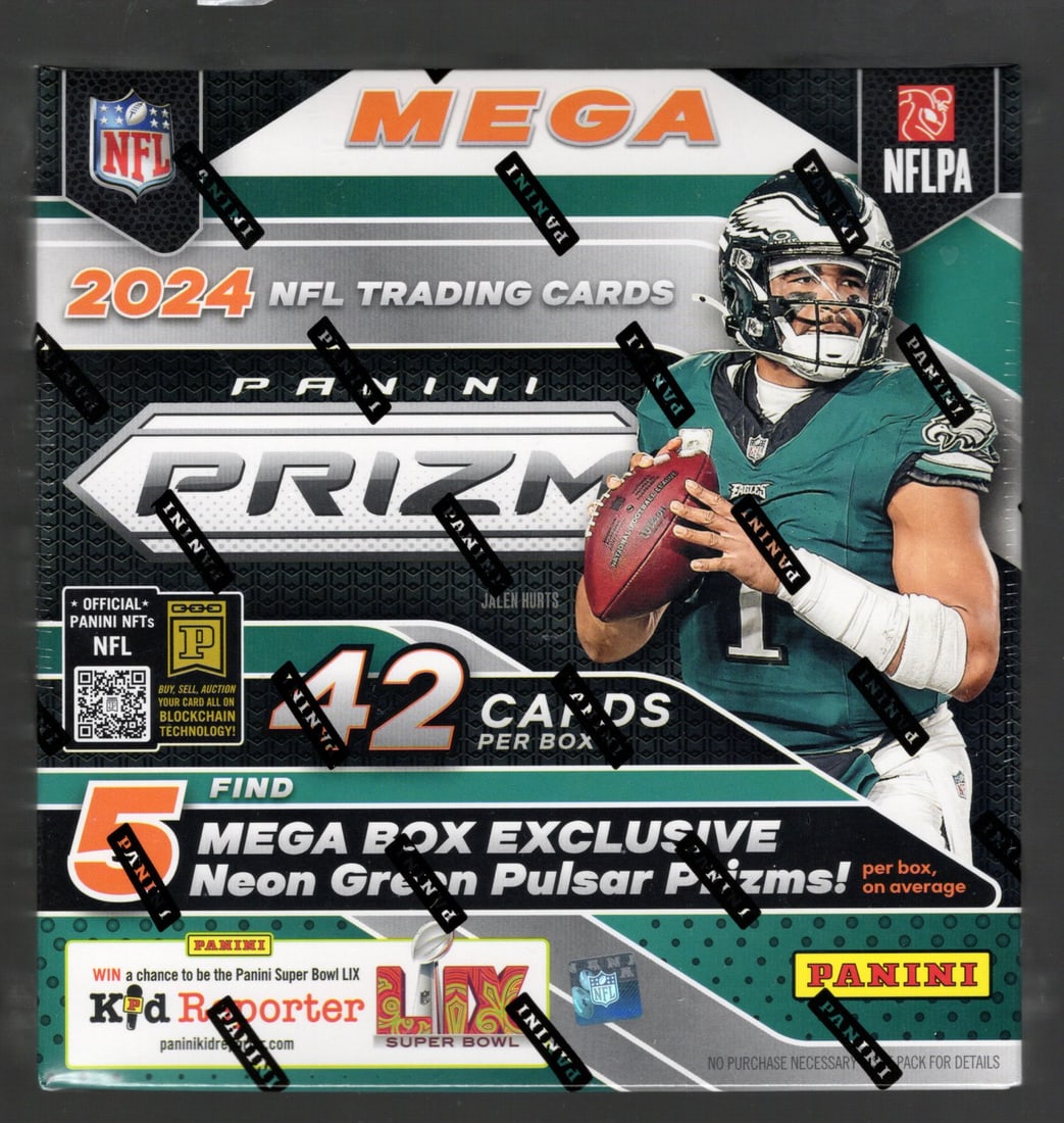 2024-25 Panini Prizm Football Mega Box - Jayden Daniels, 5 Neon Green Pulsar Prizms, Bo Nix Football: 2024-25 Panini Prizm Football Mega Box, Sports Cards Rookie Cards, NFL Trading Cards, Jayden Daniels Rookie Card, Bo Nix Rookie Card, Drake Maye Rookie Card, Marvin Harrison, Jr. Rookie Card, JJ McCar