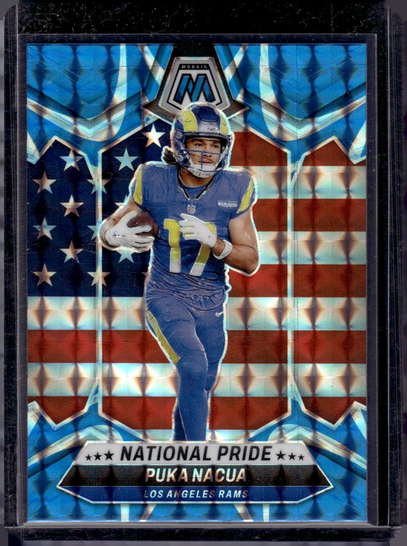 Puka Nacua National Pride Reactive Blue Prizm 2024 Panini Mosaic #264: Panini Select, Prizm, Mosaic, Contenders, Zenith, Phoenix, Illusions, Absolute, Rookie NFL Sports Trading Cards, Silver, Kaboom, SP, SSP, Wave Prizms, Numbered Cards, Football Cards for Sale Near Me,