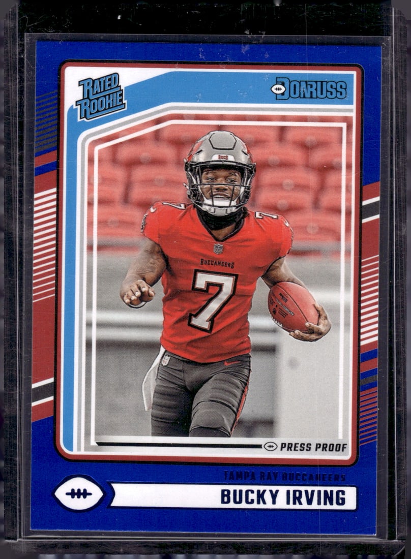 Bucky Irving Blue Press Proof Rookie Card 2024 Panini Donruss #301 Football Card: Panini Select, Prizm, Mosaic, Contenders, Zenith, Phoenix, Illusions, Absolute, Rookie NFL Sports Trading Cards, Silver, Kaboom, SP, SSP, Wave Prizms, Numbered Cards, Football Cards for Sale Near Me,