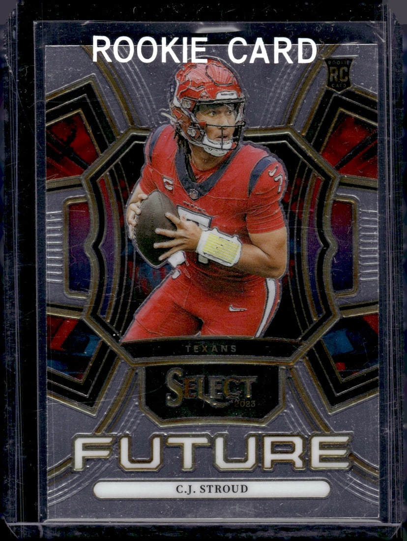Cj Stroud Rookie Card Future 2023 Panini Select #FUT-CST Houston Texans NFL: Panini Select, Prizm, Mosaic, Contenders, Zenith, Phoenix, Illusions, Absolute, Rookie NFL Sports Trading Cards, Silver, Kaboom, SP, SSP, Wave Prizms, Numbered Cards, Football Cards for Sale Near Me, 
