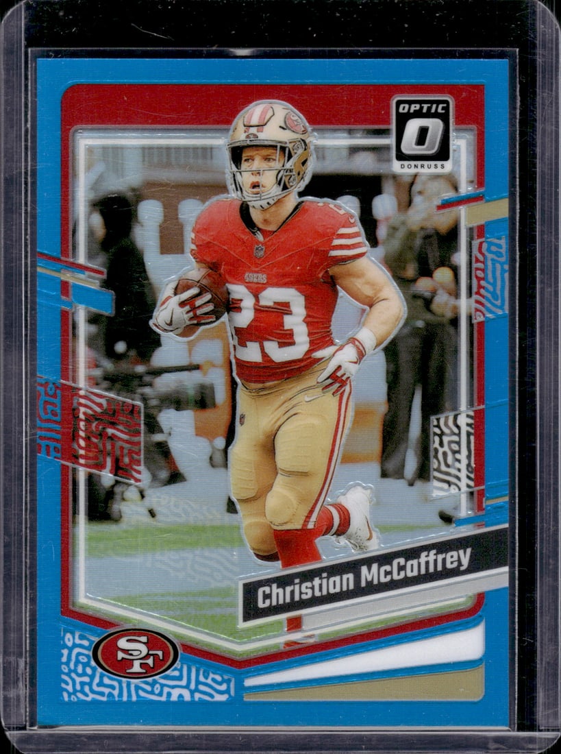 Christian McCaffrey Aqua Prizm /299 2023 Donruss Optic #169 49ers Football Card (1 of 2)