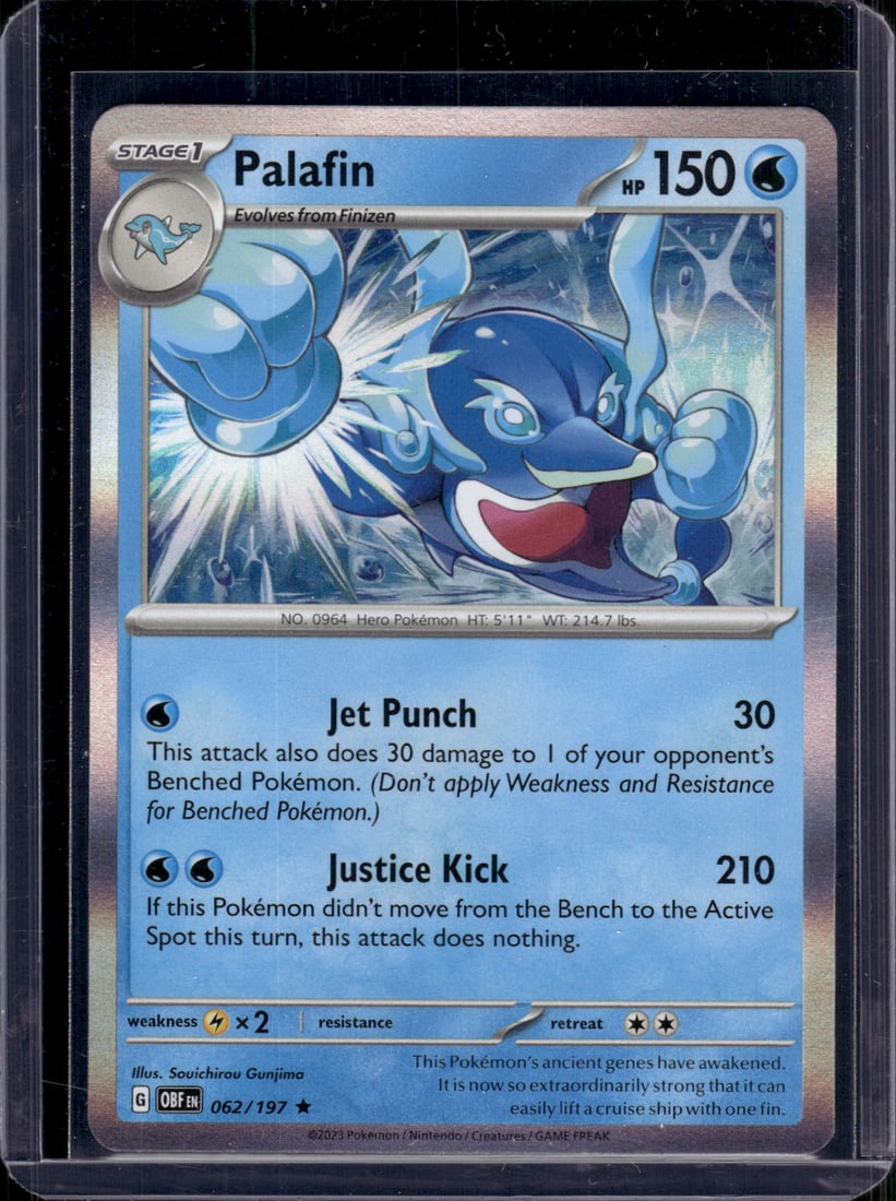 2023 Pokemon Obisdian Flames Palafin Holo Rare #62: TCG, Pikachu, Charizard, Rare, Secret Rare, Holo Cards, Pokemon & TCG Cards sold near Me, Nintendo, Evee, Houndoom, Reverse Holo Cards, 3 Star Ultra Rare, EX