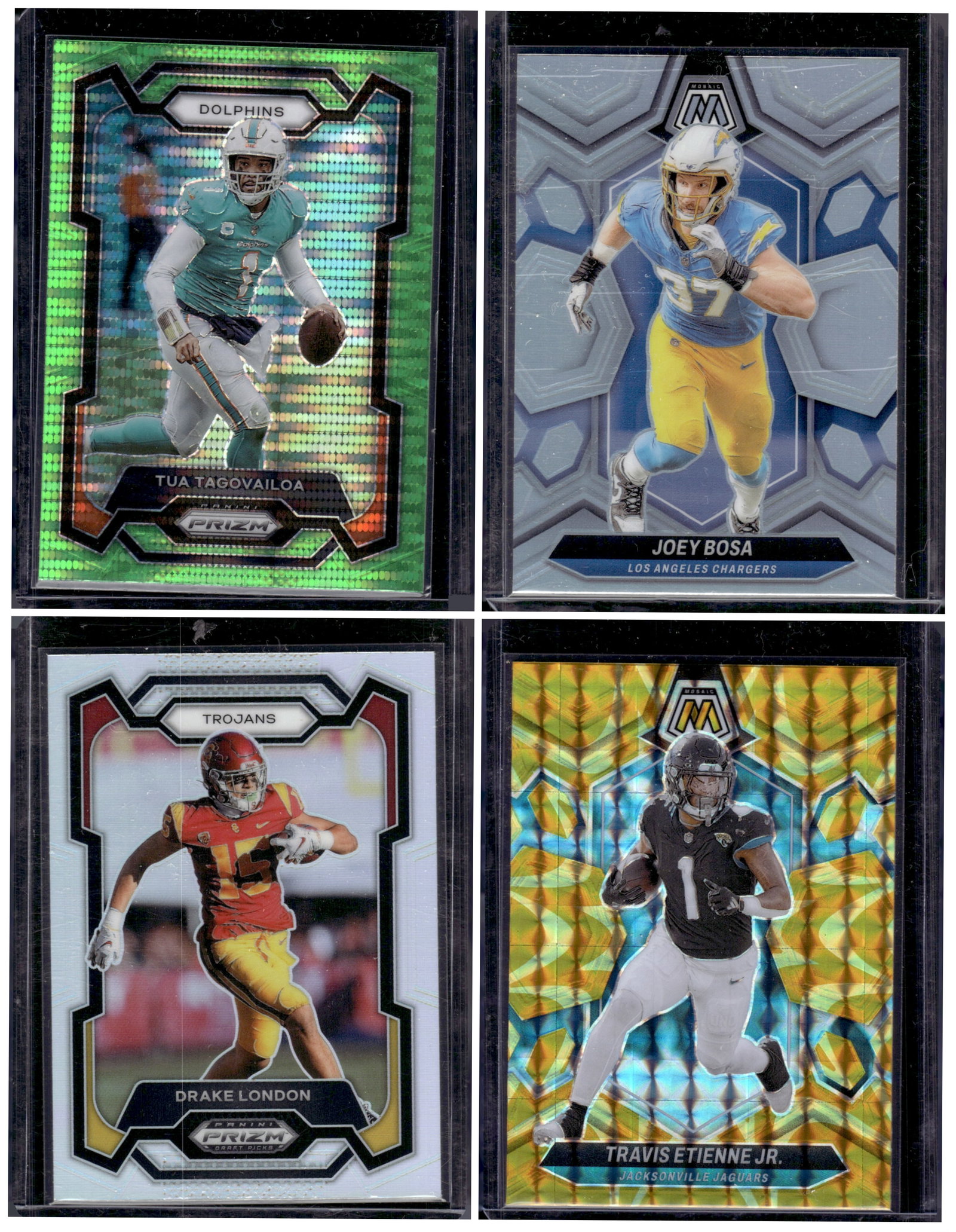 Lot of 4 NFL Football Cards. Prizms/Refractors. Tagovailoa, Bosa, London, Etienne Jr.: Panini Select, Prizm, Mosaic, Contenders, Zenith, Phoenix, Illusions, Absolute, Rookie NFL Sports Trading Cards, SP, SSP, Cards, Football Cards for Sale Near Me, Superbowl & Hall of Fame Player Cards,