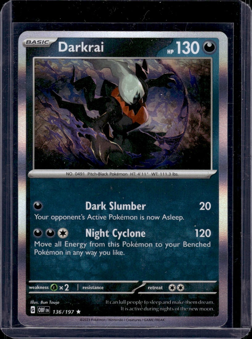2023 Pokemon Obsidian Flames Darkrai Holo Rare #136 Pokemon Cards TCG: TCG, Pikachu, Charizard, Rare, Secret Rare, Holo Cards, Pokemon & TCG Cards sold near Me, Nintendo, Evee, Houndoom, Reverse Holo Cards, 3 Star Ultra Rare, EX
