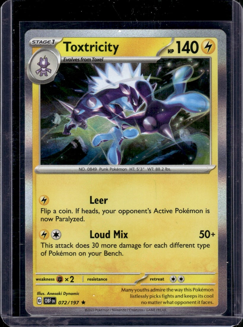 2023 Pokemon Obsidian Flames Toxtricity Holo Rare #72 Pokemon Cards TCG: TCG, Pikachu, Charizard, Rare, Secret Rare, Holo Cards, Pokemon & TCG Cards sold near Me, Nintendo, Evee, Houndoom, Reverse Holo Cards, 3 Star Ultra Rare, EX