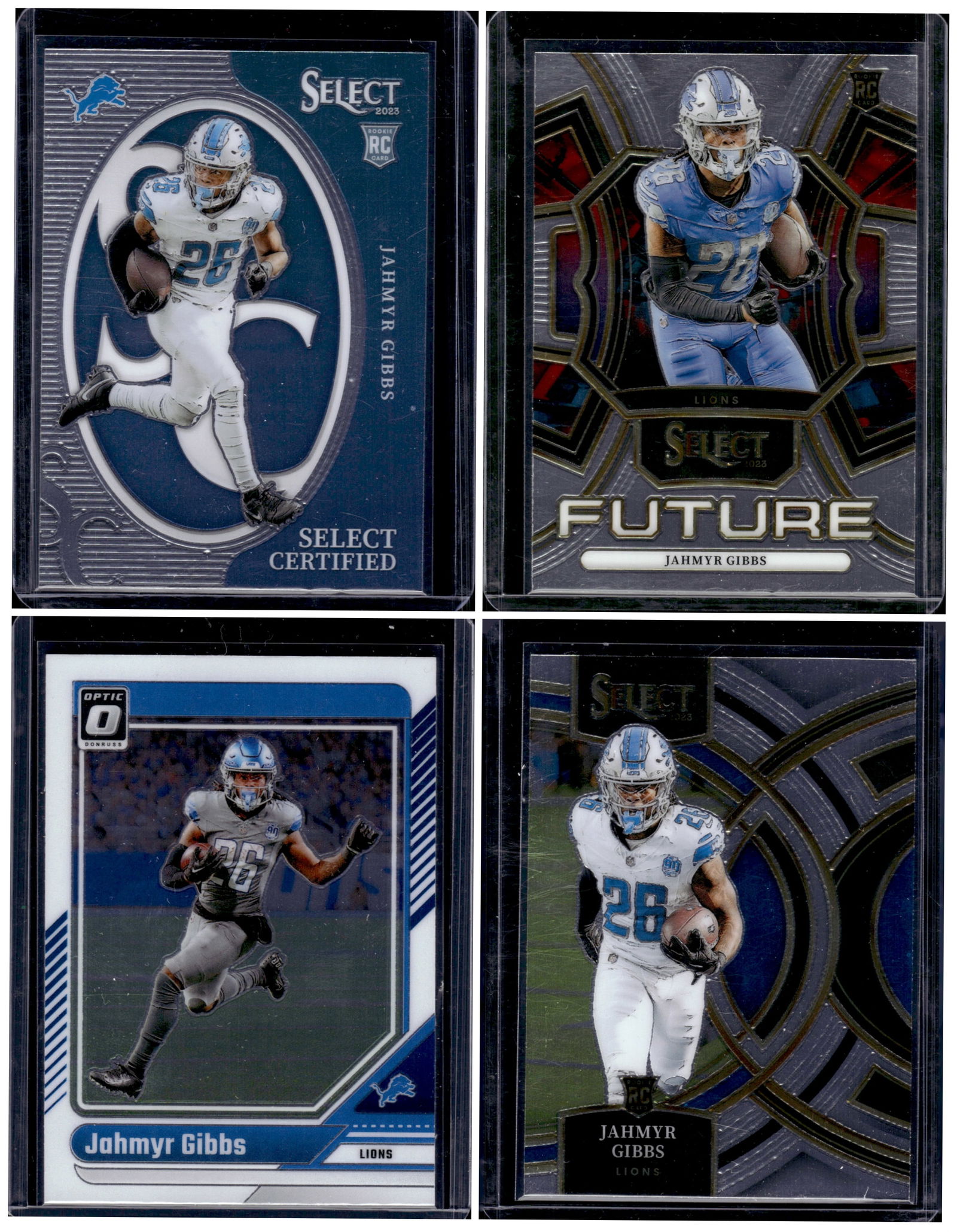 Lot of 4 Jahmyr Gibbs Football Cards. 3 Rookie Cards & 1 2nd Year. Detroit Lions NFL: Panini Select, Prizm, Mosaic, Contenders, Zenith, Phoenix, Illusions, Absolute, Rookie NFL Sports Trading Cards, SP, SSP, Cards, Football Cards for Sale Near Me, Superbowl & Hall of Fame Player Cards,