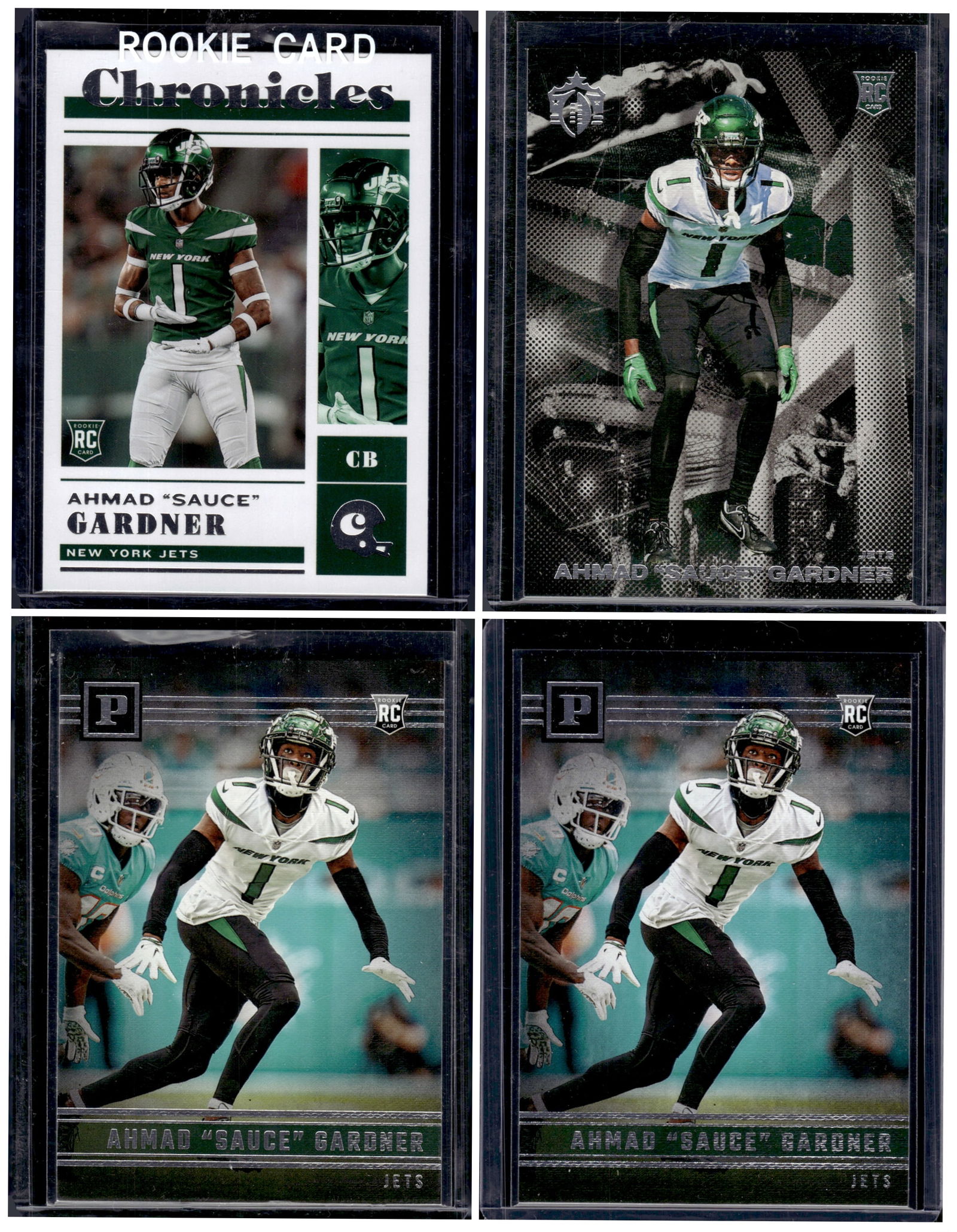 Lot of 4 Ahmad Sauce Gardner Rookie Cards. New York Jets Football Cards NFL: Panini Select, Prizm, Mosaic, Contenders, Zenith, Phoenix, Illusions, Absolute, Rookie NFL Sports Trading Cards, SP, SSP, Cards, Football Cards for Sale Near Me, Superbowl & Hall of Fame Player Cards,