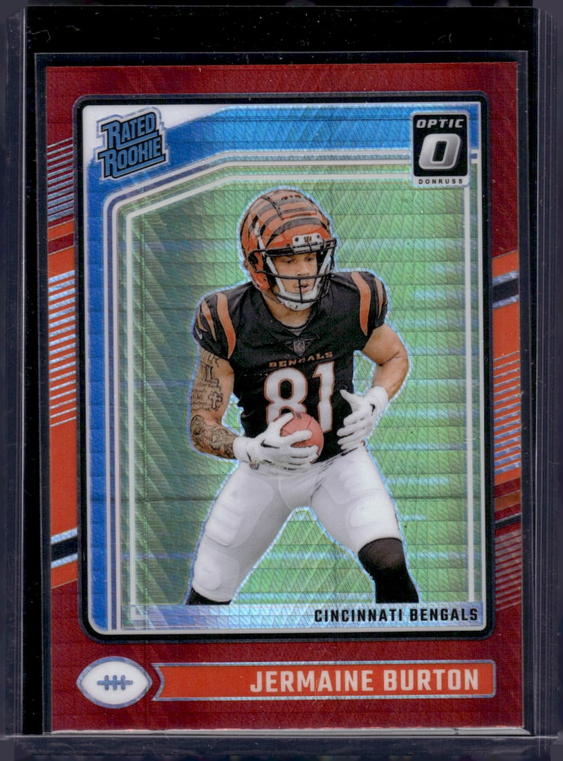 Jermaine Burton Red Hyper Prizm Rookie Card 2024 Donruss Optic #251 Bengals NFL: Panini Select, Prizm, Mosaic, Contenders, Zenith, Phoenix, Illusions, Absolute, Rookie NFL Sports Trading Cards, SP, SSP, Cards, Football Cards for Sale Near Me, Superbowl & Hall of Fame Player Cards,