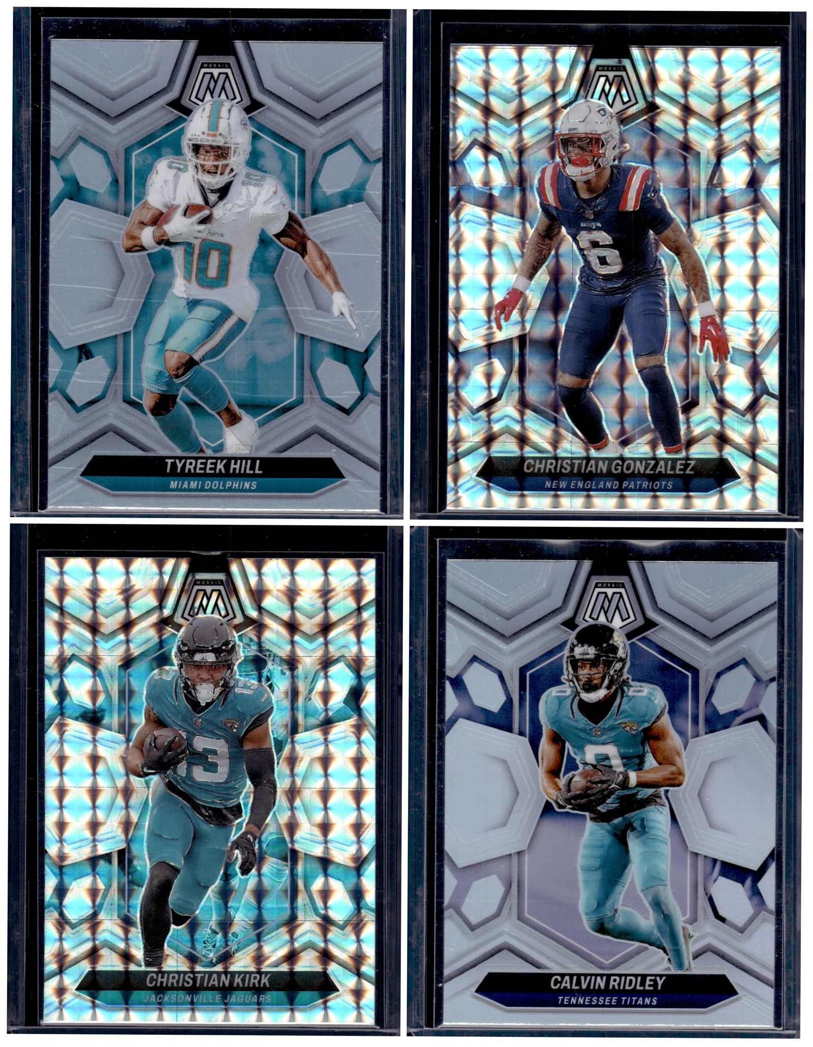 Lot of 4 2024 Panini Mosaic Football Silver Prizms and Silver Mosaic Prizms. NFL Football Cards: Panini Select, Prizm, Mosaic, Contenders, Zenith, Phoenix, Illusions, Absolute, Rookie NFL Sports Trading Cards, SP, SSP, Cards, Football Cards for Sale Near Me, Superbowl & Hall of Fame Player Cards,