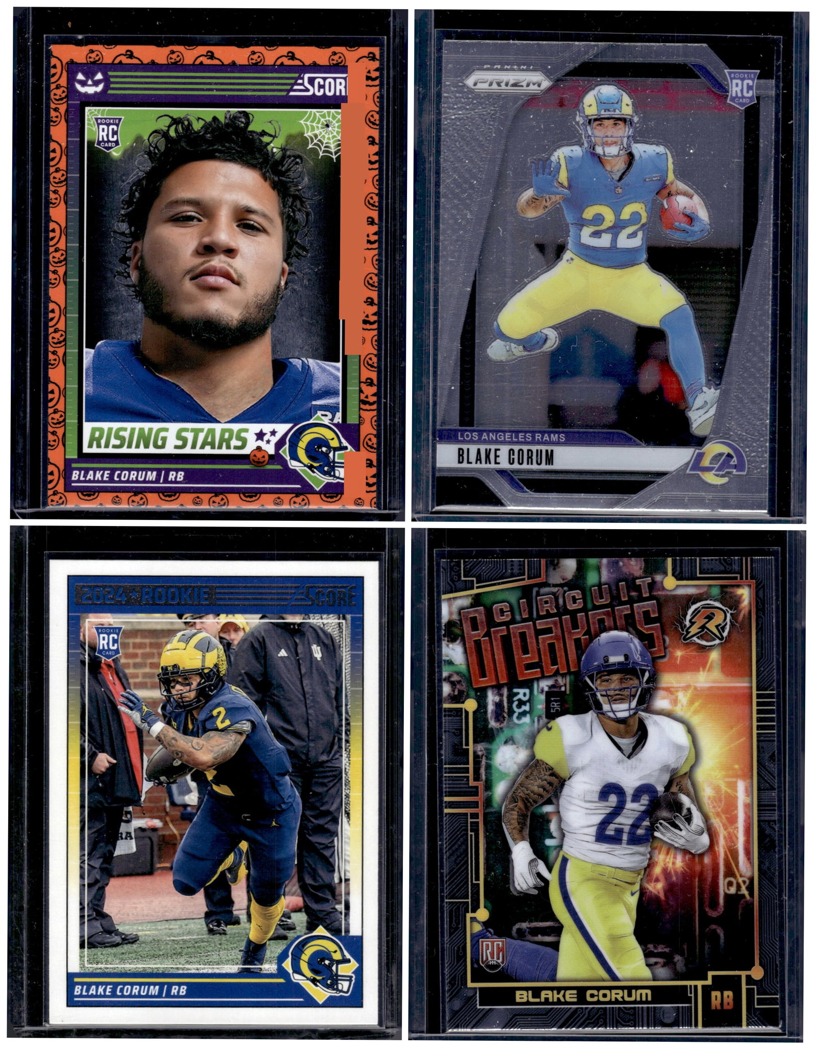 Lot of 4 Blake Corum Rookie Cards. Panini Prizm, Score, and more. Football Cards Rams: Panini Select, Prizm, Mosaic, Contenders, Zenith, Phoenix, Illusions, Absolute, Rookie NFL Sports Trading Cards, Silver, Kaboom, SP, SSP, Wave Prizms, Numbered Cards, Football Cards for Sale Near Me,