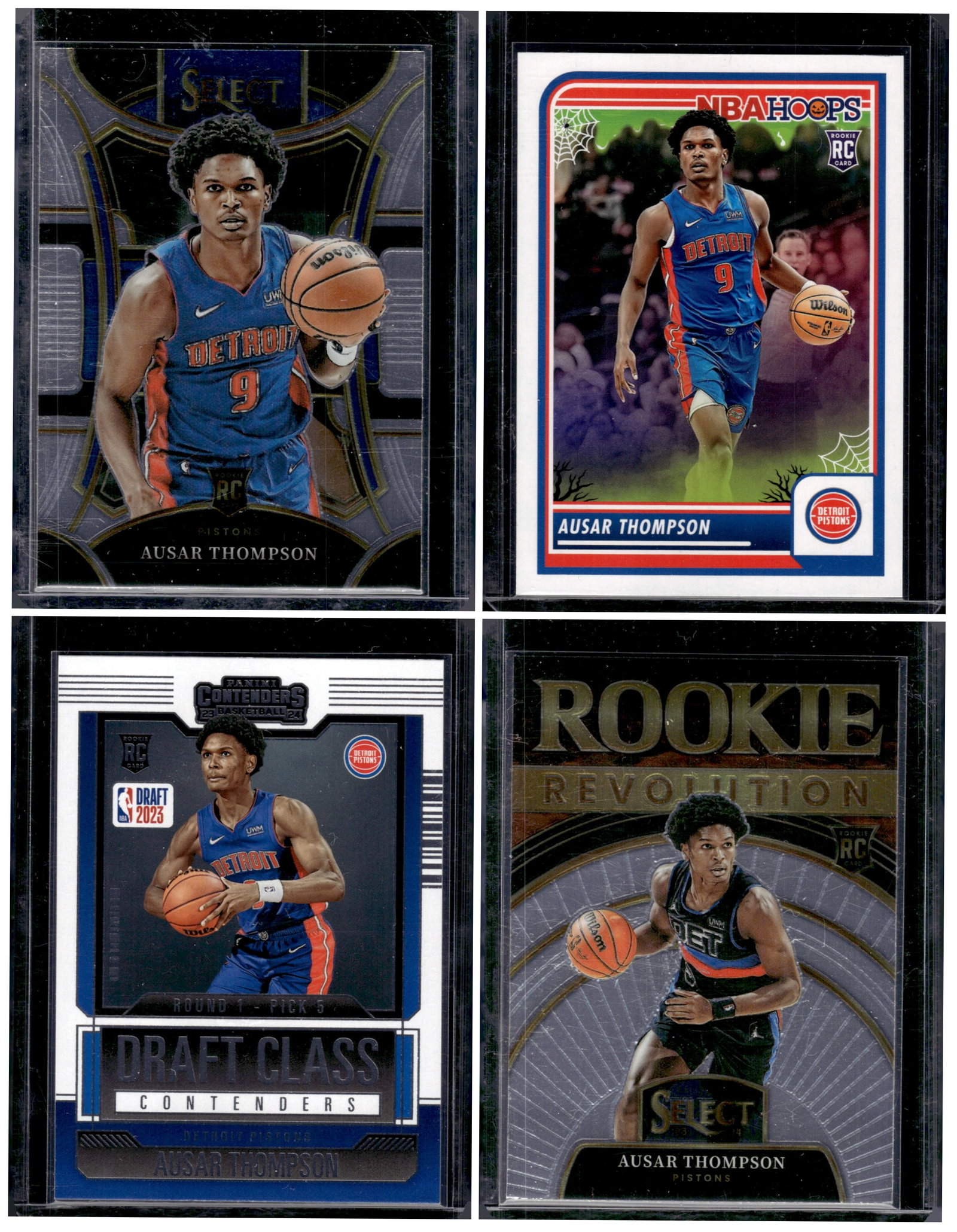 Lot of 4 Ausar Thompson Rookie Cards. All Different. Detroit Pistons NBA Basketball Cards: Panini Select, Prizm, Mosaic, Contenders, Revolution, Phoenix, Rookie NFL Sports Trading Cards, Silver, SP, SSP, Wave Prizms, Numbered Cards, Basketball sports Cards for Sale Near Me, NBA Championship
