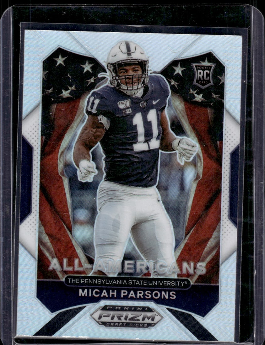 Micah Parsons Rookie Card Silver Prizm 2021 Prizm Draft Picks #188 Dallas Cowboys NFL: Panini Select, Prizm, Mosaic, Contenders, Zenith, Phoenix, Illusions, Absolute, Rookie NFL Sports Trading Cards, Silver, Kaboom, SP, SSP, Wave Prizms, Numbered Cards, Football Cards for Sale Near Me,