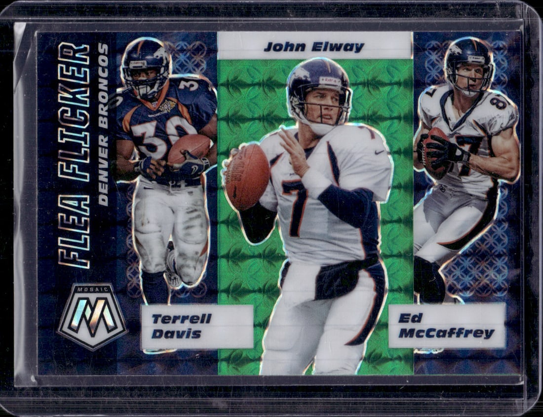 Flea Flicker Green Mosaic Prizm Elway/Davis/McCaffrey 2020 Panini Mosaic #FF6 Broncos (1 of 2)