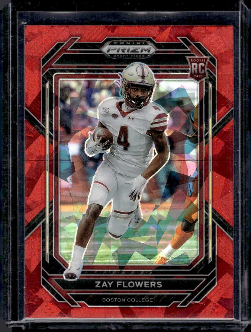 Zay Flowers Rookie Card Red Ice 2023 Prizm Draft Picks #143 Ravens Football Card: Panini Select, Prizm, Mosaic, Contenders, Zenith, Phoenix, Illusions, Absolute, Rookie NFL Sports Trading Cards, Silver, Kaboom, SP, SSP, Wave Prizms, Numbered Cards, Football Cards for Sale Near Me,