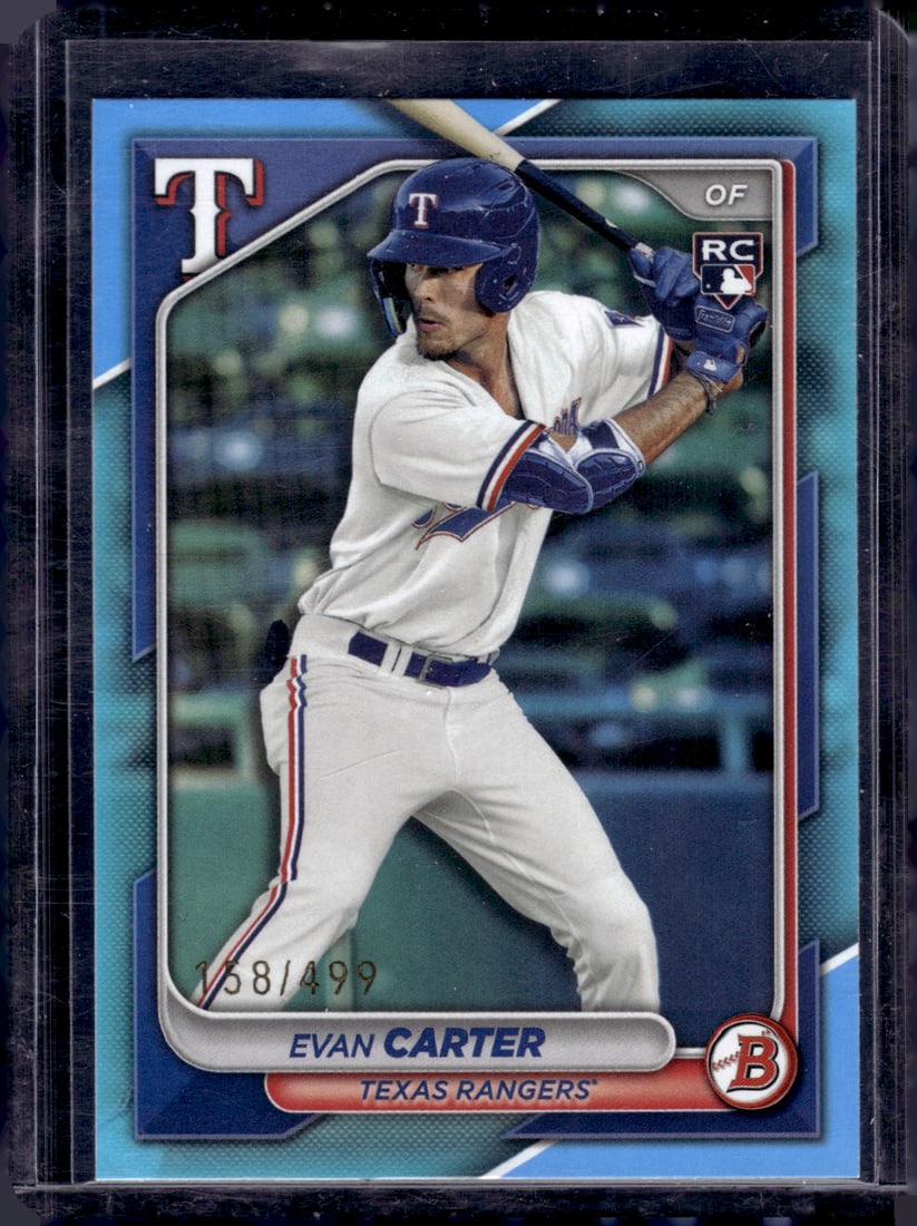 Evan Carter Rookie Card Sky Blue /499 2024 Bowman #46 Texas Rangers Baseball Card (1 of 2)