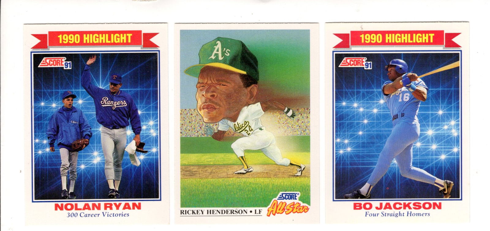 3 Vintage Baseball Cards, Bo Jackson, Rickey Henderson, Nolan Ryan, Baseball Cards (1 of 2)