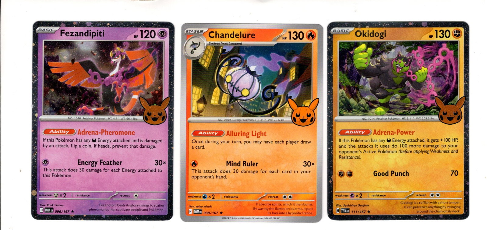 3 Pokemon TCG Cards, Fezandipiti Holo, Chandelure, Okidogi Holo, Trading Card Game: TCG, Pikachu, Charizard, Rare, Secret Rare, Holo Cards, Pokemon & TCG Cards sold near Me, Nintendo, Evee, Houndoom, Reverse Holo Cards, 3 Star Ultra Rare, EX