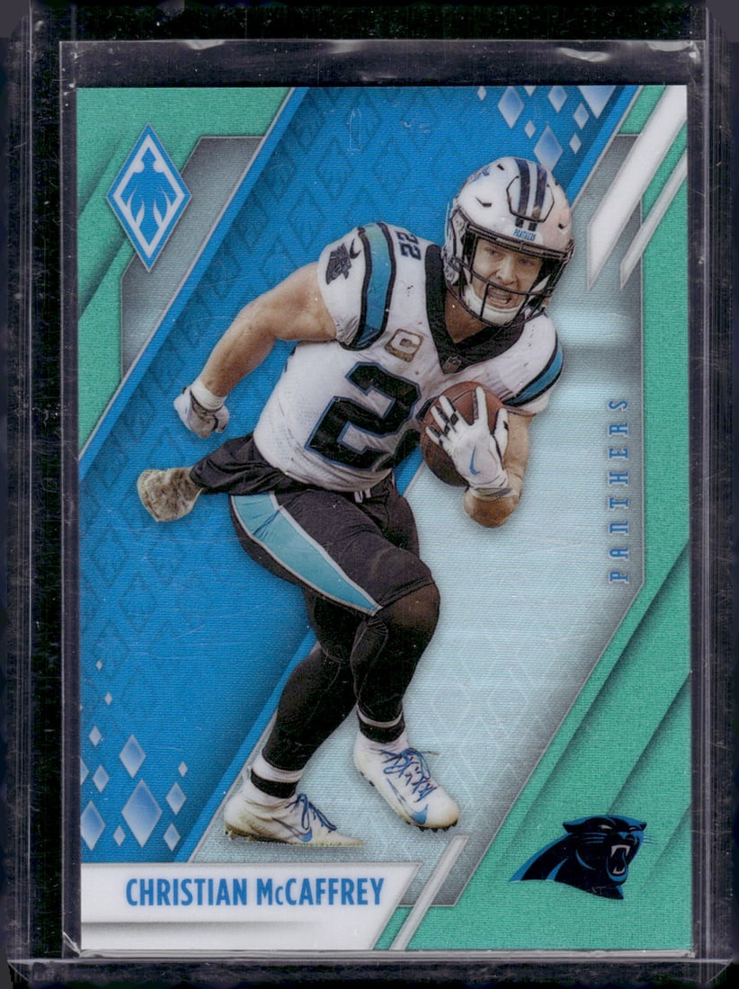 Christian McCaffrey Aqua Prizm /150 2021 Panini Phoenix #18 Panthers, 49ers, NFL (1 of 2)