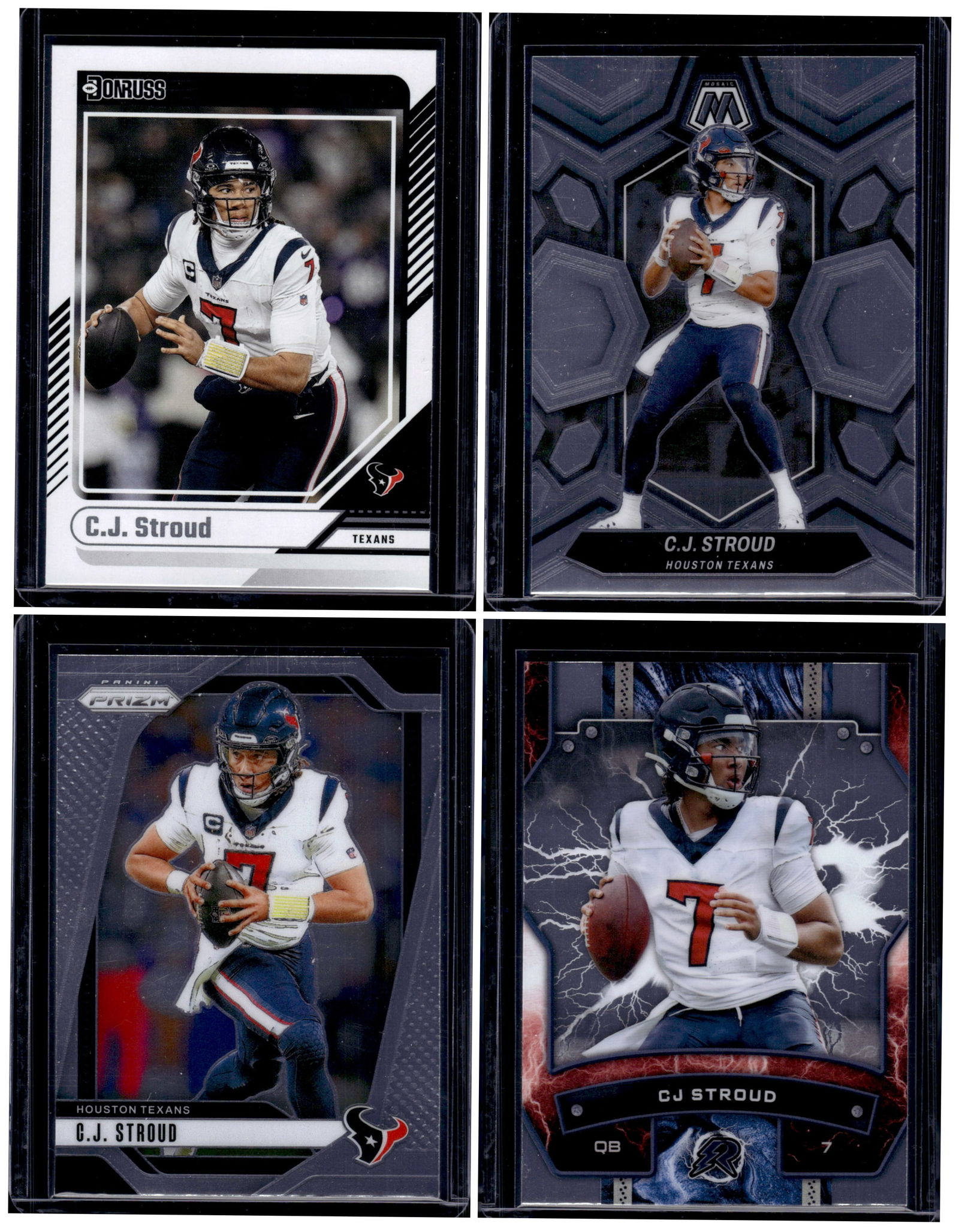 Lot of 4 Cj Stroud 2nd Year Football Cards. Panini All Different Houston Texans: Panini Select, Prizm, Mosaic, Contenders, Zenith, Phoenix, Illusions, Absolute, Rookie NFL Sports Trading Cards, Silver, Kaboom, SP, SSP, Wave Prizms, Numbered Cards, Football Cards for Sale Near Me,