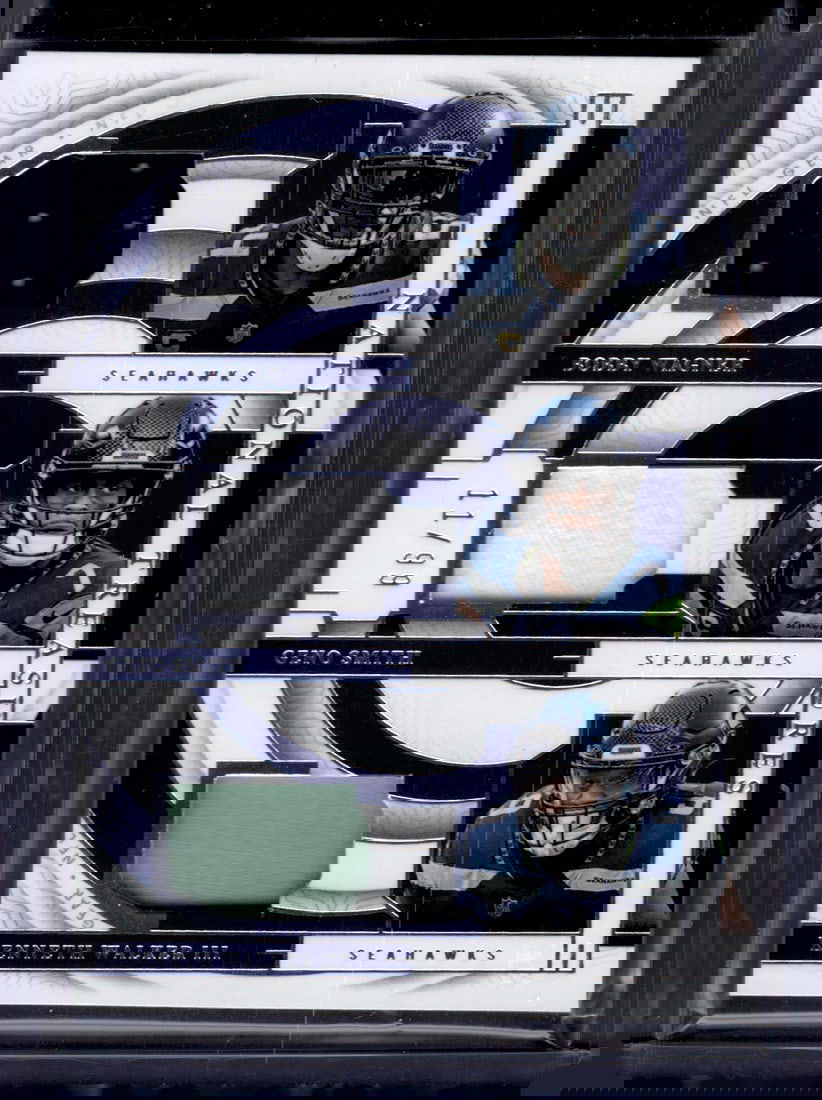 Geno Smith/Bobby Wagner/Kenneth Walker Triple Patch /99 2023 National Treasures #GTM-SEA (1 of 2)