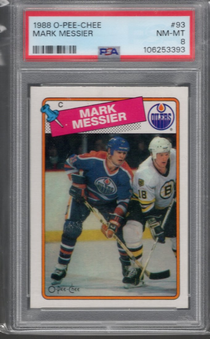 Mark Messier 1988 O-Pee-Chee #93 PSA 8 Oilers Hockey Card: O Pee Chee Vintage NHL Hockey Trading & Sports Cards, Old Sports Cards for Sale Near Me, Stanley Cup & Hall of Fame Players, Valuable Auction Memorabilia Lots for Sale On Line
