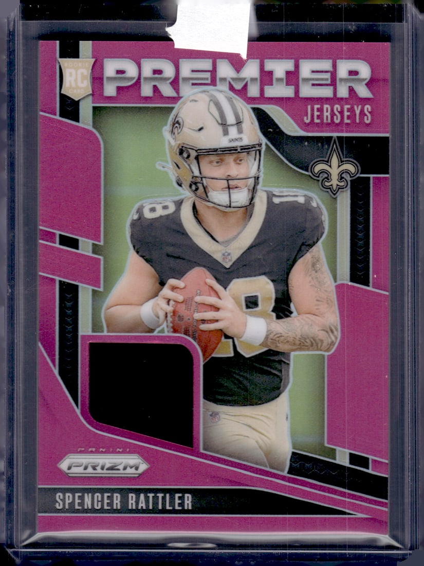Spencer Rattler Rookie Card Pink Prizm Patch 2024 Panini Prizm #PJ-SRR: Panini Select, Prizm, Mosaic, Contenders, Zenith, Phoenix, Illusions, Absolute, Rookie NFL Sports Trading Cards, SP, SSP, Cards, Football Cards for Sale Near Me, Superbowl & Hall of Fame Player Cards,