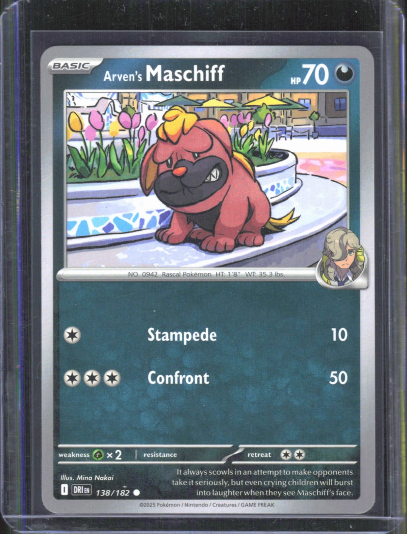 2025 Pokemon Scarlet & Violet Destined Rivals Arven' Maschiff #138/182: TCG, Pikachu, Charizard, Rare, Secret Rare, Holo Cards, Pokemon & TCG Cards sold near Me, Nintendo, Evee, Houndoom, Reverse Holo Cards, 3 Star Ultra Rare, EX