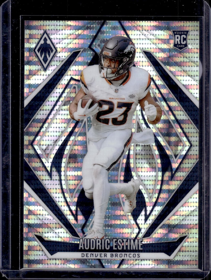 Audric Estime Rookie Card Pulsar /200 2024 Panini Phoenix #156 Denver Broncos NFL: Panini Select, Prizm, Mosaic, Contenders, Zenith, Phoenix, Illusions, Absolute, Rookie NFL Sports Trading Cards, SP, SSP, Cards, Football Cards for Sale Near Me, Superbowl & Hall of Fame Player Cards,