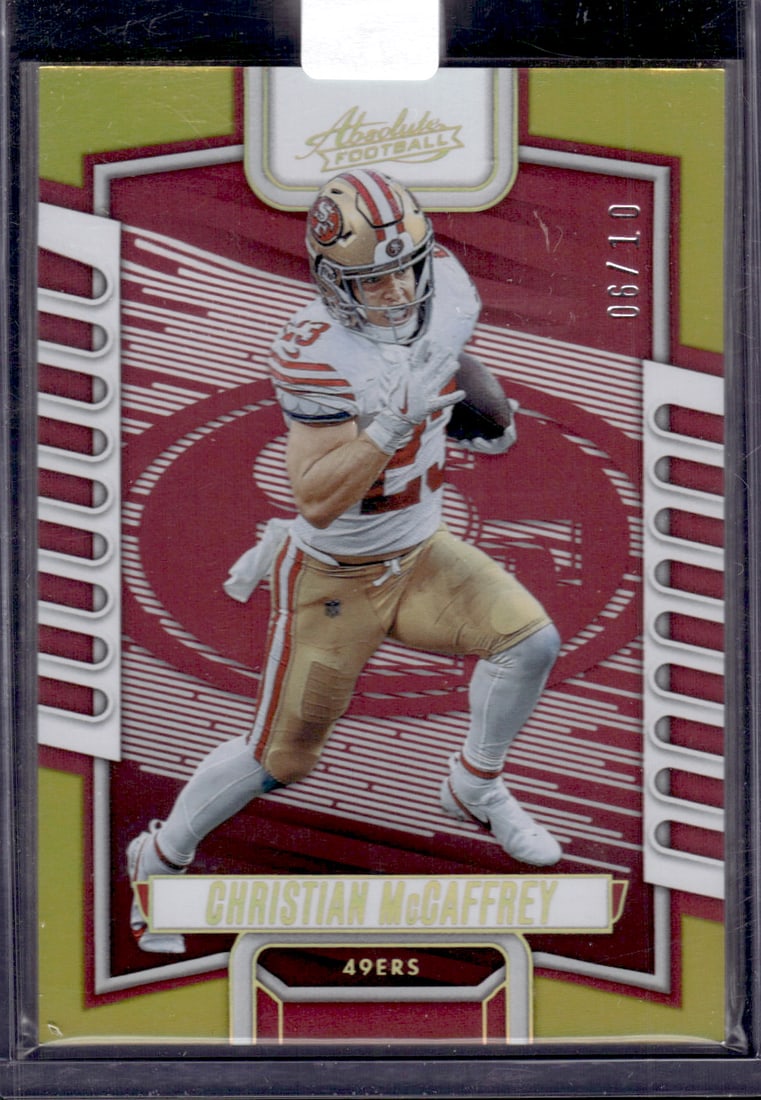 Christian McCaffrey Gold /10 2023 Panini Absolute #43 49ers Football Card: Panini Select, Prizm, Mosaic, Contenders, Zenith, Phoenix, Illusions, Absolute, Rookie NFL Sports Trading Cards, SP, SSP, Cards, Football Cards for Sale Near Me, Superbowl & Hall of Fame Player Cards,