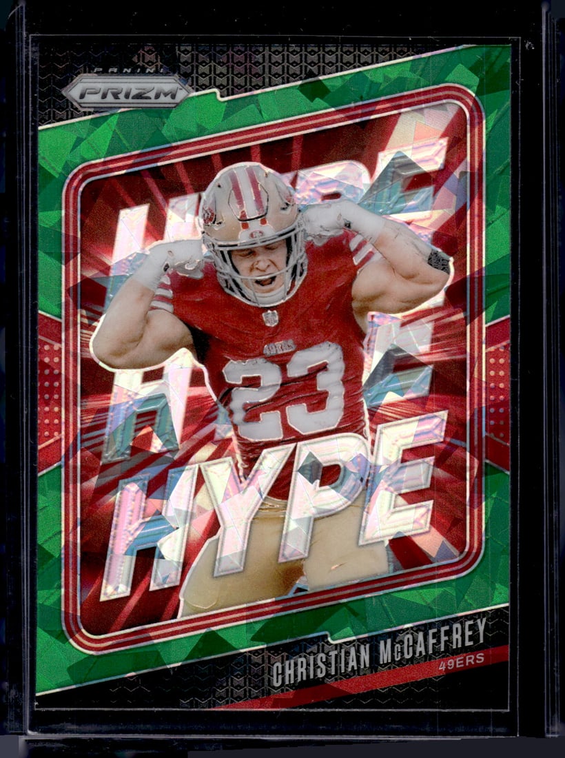 Christian McCaffrey Hype Green Ice 2024 Panini Prizm #5 49ers Football Card: Panini Select, Prizm, Mosaic, Contenders, Zenith, Phoenix, Illusions, Absolute, Rookie NFL Sports Trading Cards, SP, SSP, Cards, Football Cards for Sale Near Me, Superbowl & Hall of Fame Player Cards,