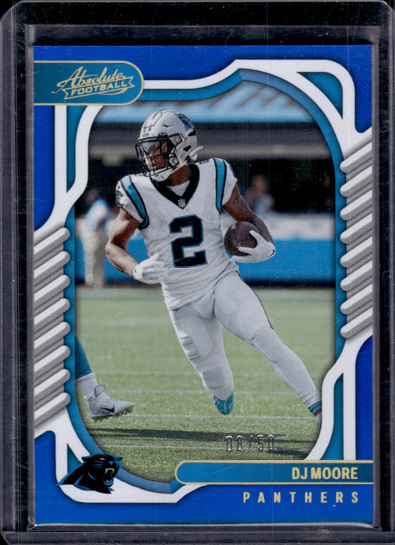 Dj Moore Blue /50 2022 Panini Absolute #27 Panthers Football Card: Panini Select, Prizm, Mosaic, Contenders, Zenith, Phoenix, Illusions, Absolute, Rookie NFL Sports Trading Cards, SP, SSP, Cards, Football Cards for Sale Near Me, Superbowl & Hall of Fame Player Cards,