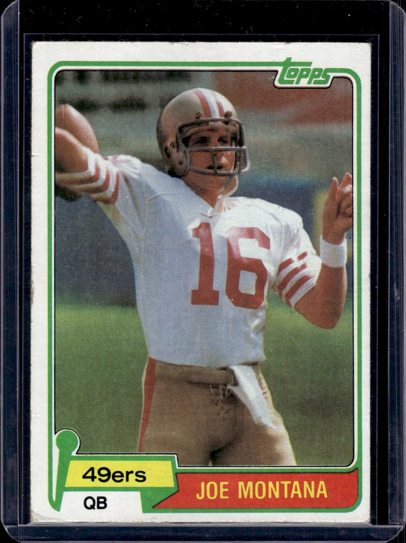 Joe Montana Rookie Card 1981 Topps #216 49ers Football Card: Topps Football NFL Trading Sports Cards, Sports Cards for Sale Near Me, Super Bowl & Hall of Fame Player Cards, Resurgence, Composite, SP, SSP, Valuable Auction Memorabilia Lots For Sale On Line