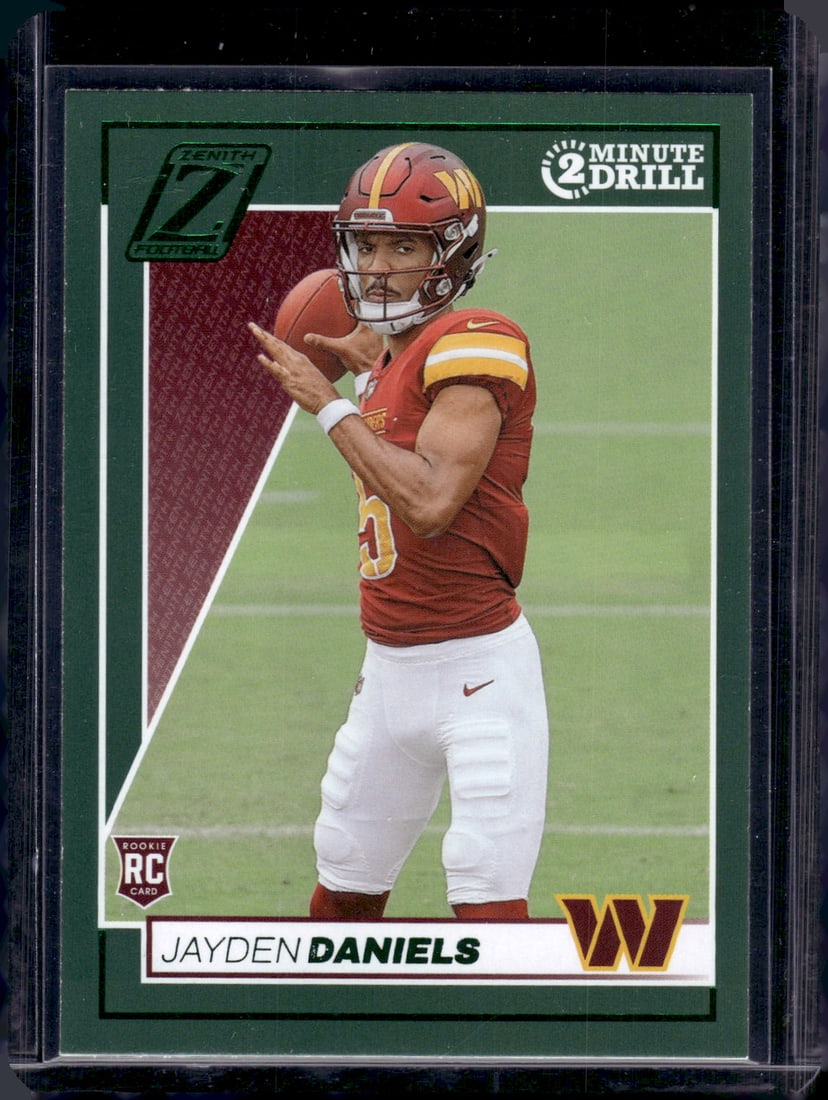 Jayden Daniels Rookie Card 2 Minute Drill Green 2024 Panini Zenith #148 Commanders NFL: Panini Select, Prizm, Mosaic, Contenders, Zenith, Phoenix, Illusions, Absolute, Rookie NFL Sports Trading Cards, SP, SSP, Cards, Football Cards for Sale Near Me, Superbowl & Hall of Fame Player Cards,