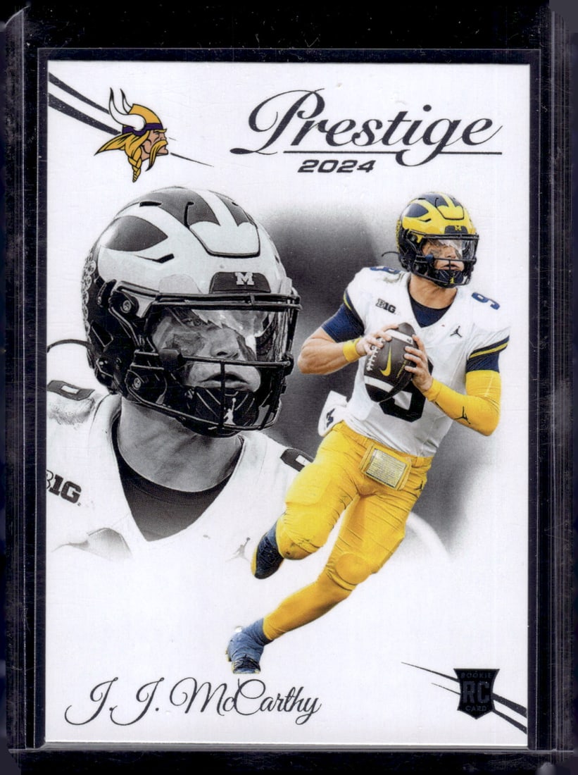 JJ McCarthy Rookie Card 2024 Panini Prestige #311 Michigan, Minnesota Vikings: Panini Select, Prizm, Mosaic, Contenders, Zenith, Phoenix, Illusions, Absolute, Rookie NFL Sports Trading Cards, SP, SSP, Cards, Football Cards for Sale Near Me, Superbowl & Hall of Fame Player Cards,