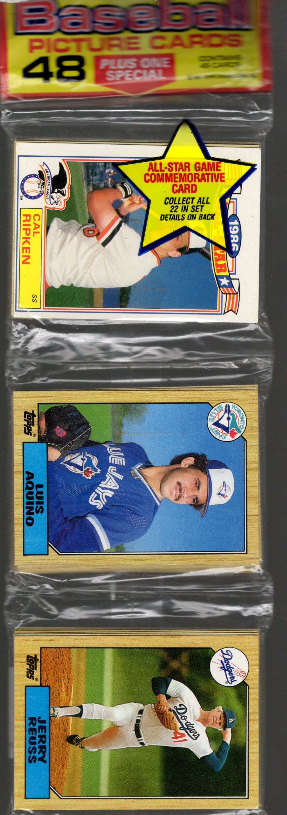 1987 Topps Baseball Cards Hanger Rack Pack - 48 Sports Cards Plus 1 Special Card Cal Ripken on Top (1 of 2)