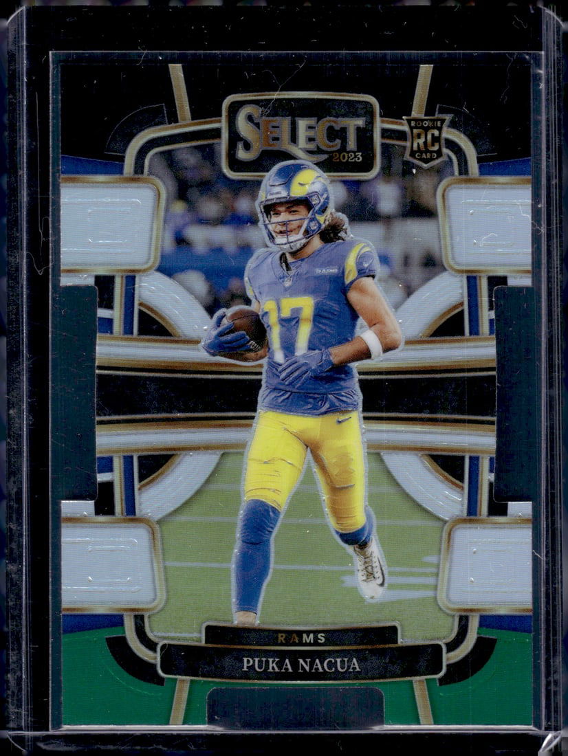Puka Nacua Rookie Card Black/Green Prizm Die Cut 2023 Panini Select #56: Panini Select, Prizm, Mosaic, Contenders, Zenith, Phoenix, Illusions, Absolute, Rookie NFL Sports Trading Cards, SP, SSP, Cards, Football Cards for Sale Near Me, Superbowl & Hall of Fame Player Cards,