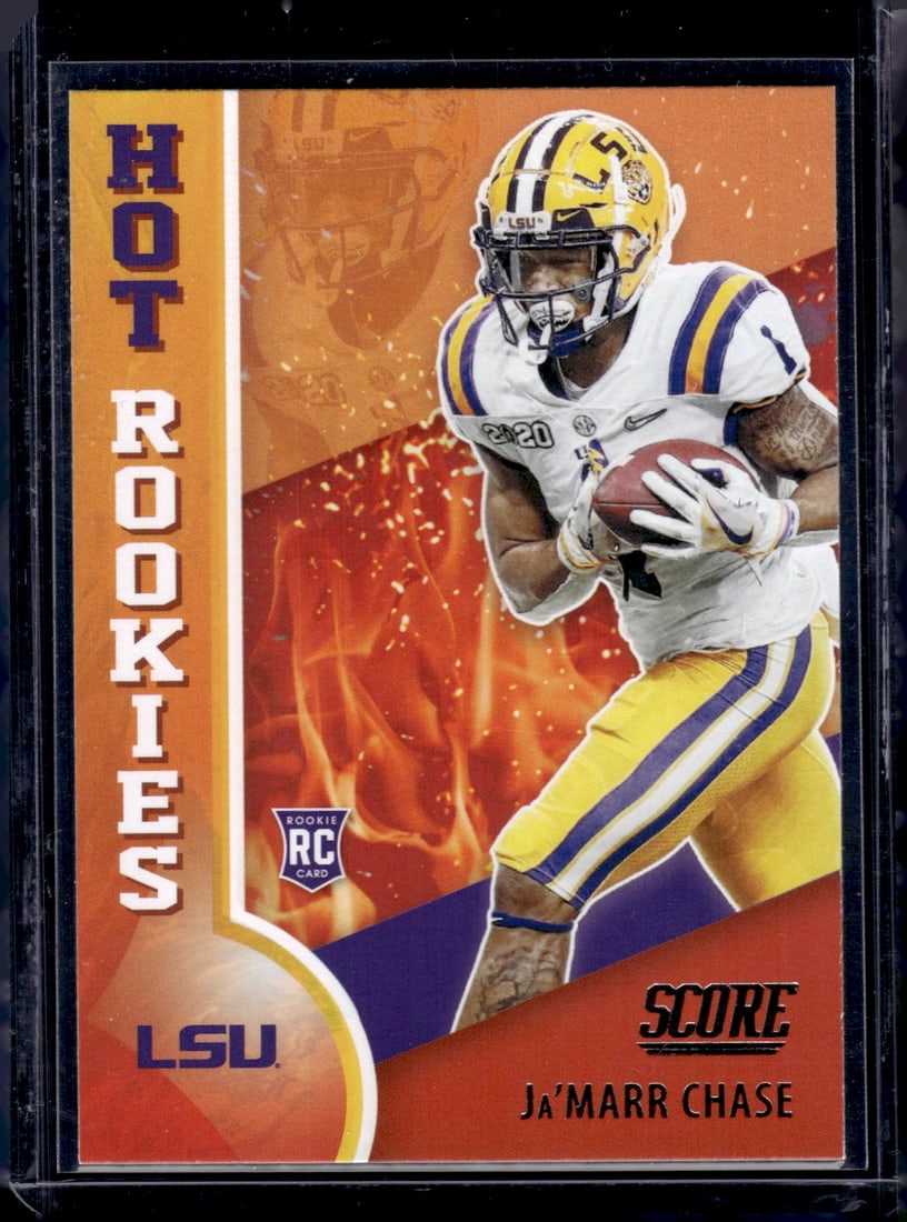 Ja'Marr Chase Rookie Card Hot Rookies 2021 Panini Score #HR4 LSU Tigers: Panini Select, Prizm, Mosaic, Contenders, Zenith, Phoenix, Illusions, Absolute, Rookie NFL Sports Trading Cards, SP, SSP, Cards, Football Cards for Sale Near Me, Superbowl & Hall of Fame Player Cards,