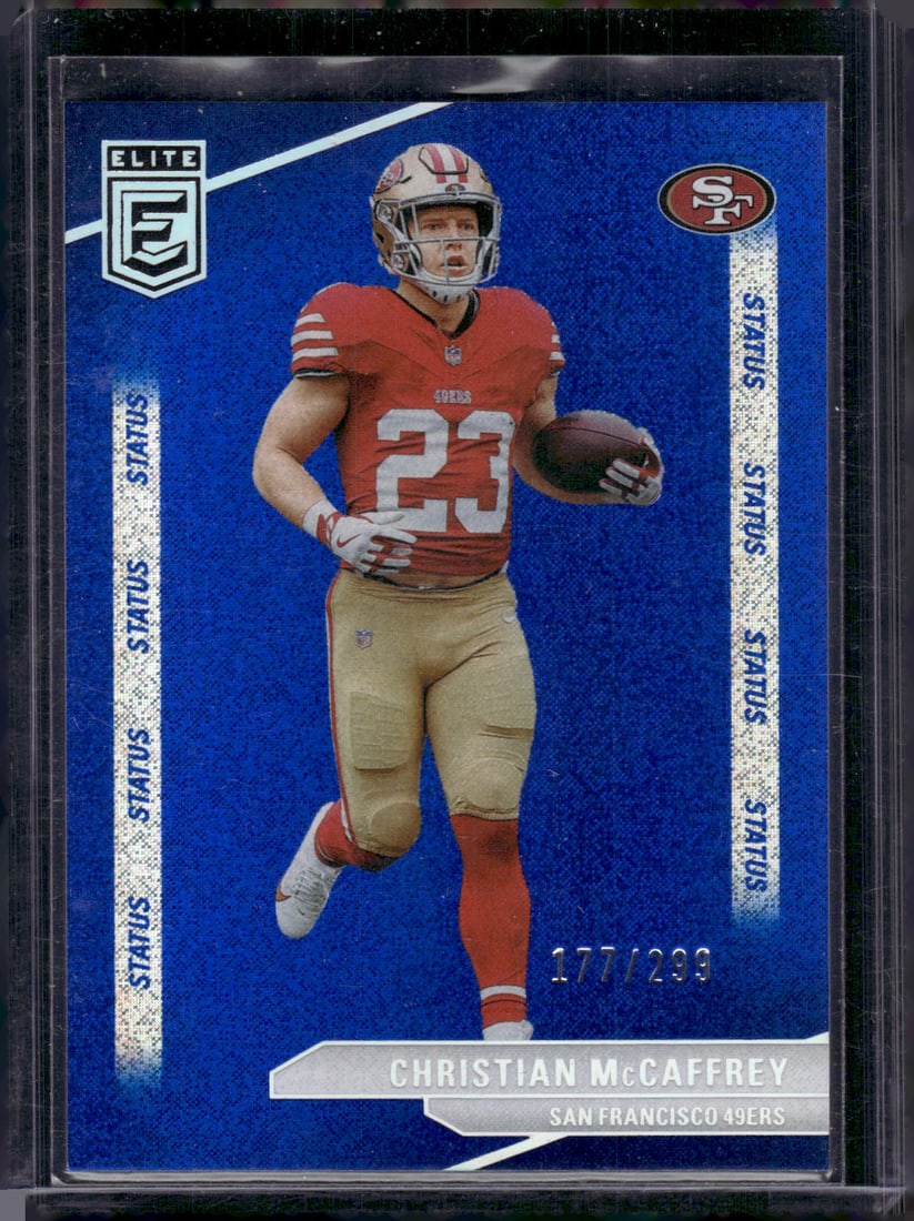 Christian McCaffrey Status Blue /299 2024 Donruss Elite #97 49ers Football Card (1 of 2)
