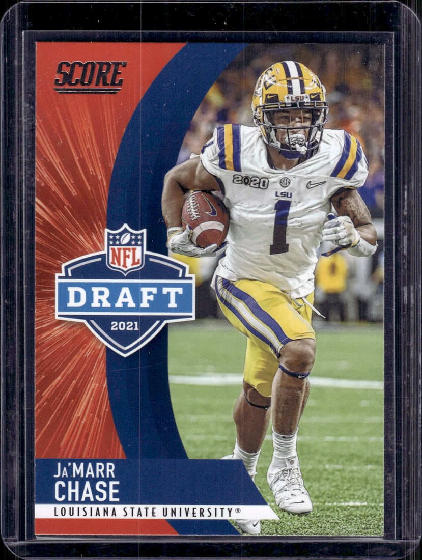Ja'Marr Chase Rookie Card 2021 Panini Score NFL Draft #D7 LSU Tigers, Bengals: Panini Select, Prizm, Mosaic, Contenders, Zenith, Phoenix, Illusions, Absolute, Rookie NFL Sports Trading Cards, SP, SSP, Cards, Football Cards for Sale Near Me, Superbowl & Hall of Fame Player Cards,
