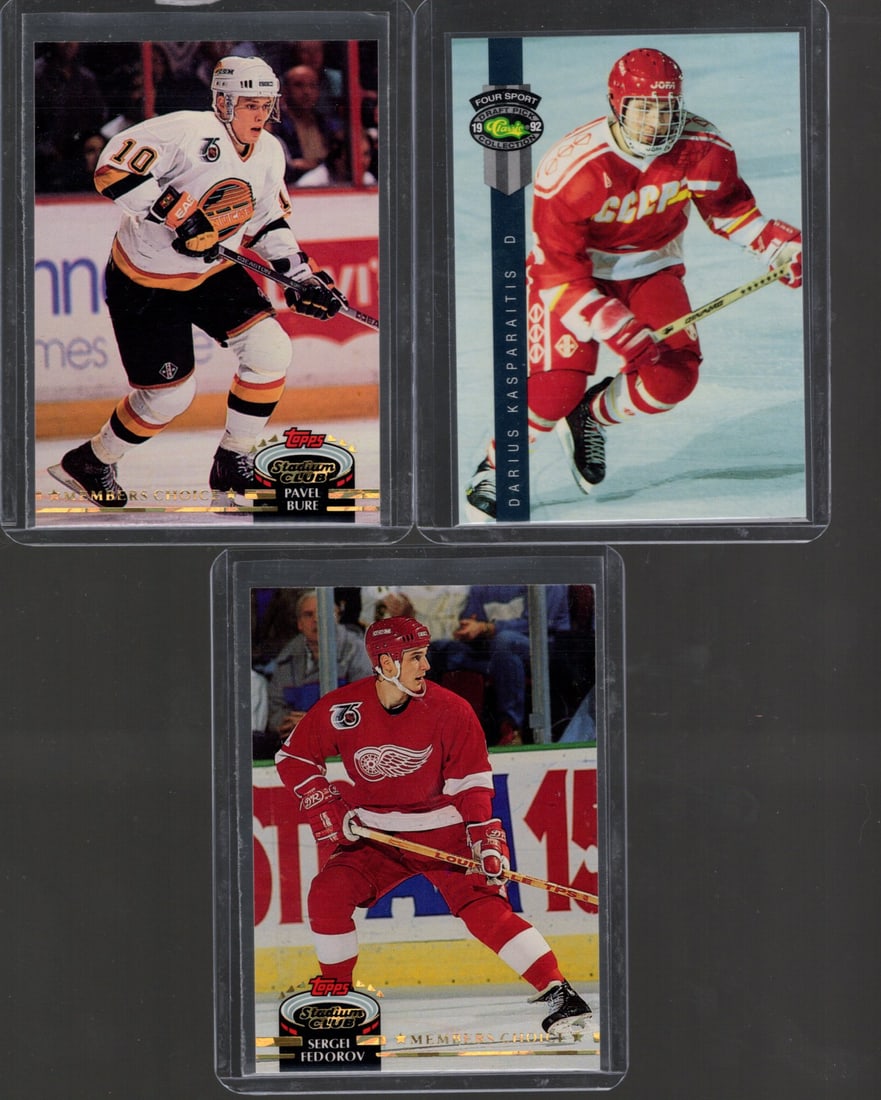 Sergei Federov, Darius Kasparitus Rookie Card, & Pavel Bure Topps & Classic Vintage Hockey Card Lot: Topps Vintage NHL Hockey Trading & Sports Cards, Old Sports Cards for Sale Near Me, Stanley Cup & Hall of Fame Players, Valuable Auction Memorabilia Lots for Sale On Line