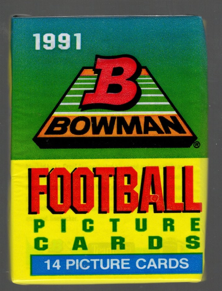 1991 Bowman Football Card Retail Box Wax Pack - Emmitt Smith Rookie Card: Vintage Valuable Football NFL Trading & Sports Cards, Old Sports Cards Sold On Line, Auction Lots Sold On Line, Super Bowl and Hall of Fame Players, Dallas Cowboys, Buffalo Bills, Steelers, 49ers, Joe
