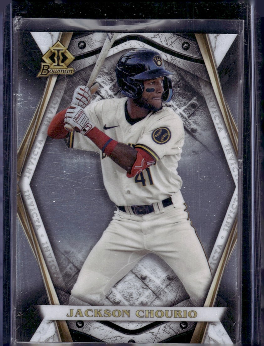Jackson Chourio Prospects 2022 Bowman Invicta #BI-17 Brewers Baseball Card: Bowman Baseball MLB Trading & Sports Cards, Sports Cards for Sale Near Me, World Series & Hall of Fame Players, SP, SSP, Chrome, 1st Bowman, Auction Memorabilia Lots Sold On Line