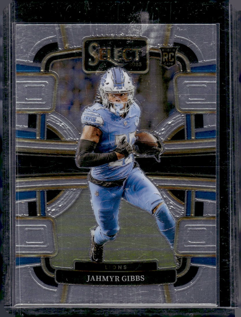 Jahmyr Gibbs Rookie Card 2023 Panini Select #34 Detroit Lions NFL: Panini Select, Prizm, Mosaic, Contenders, Zenith, Phoenix, Illusions, Absolute, Rookie NFL Sports Trading Cards, SP, SSP, Cards, Football Cards for Sale Near Me, Superbowl & Hall of Fame Player Cards,