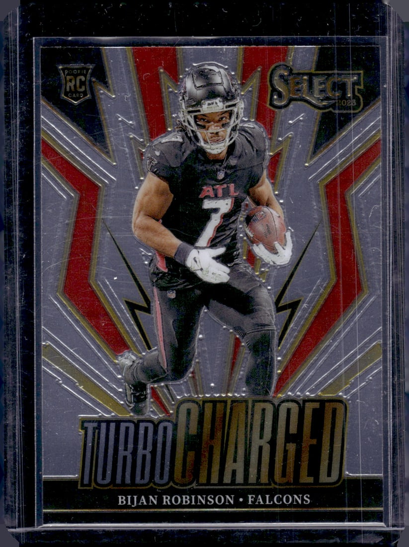 Bijan Robinson Rookie Card Turbocharged 2023 Panini Select #TUR-BRO Atlanta Falcons NFL: Panini Select, Prizm, Mosaic, Contenders, Zenith, Phoenix, Illusions, Absolute, Rookie NFL Sports Trading Cards, SP, SSP, Cards, Football Cards for Sale Near Me, Superbowl & Hall of Fame Player Cards,