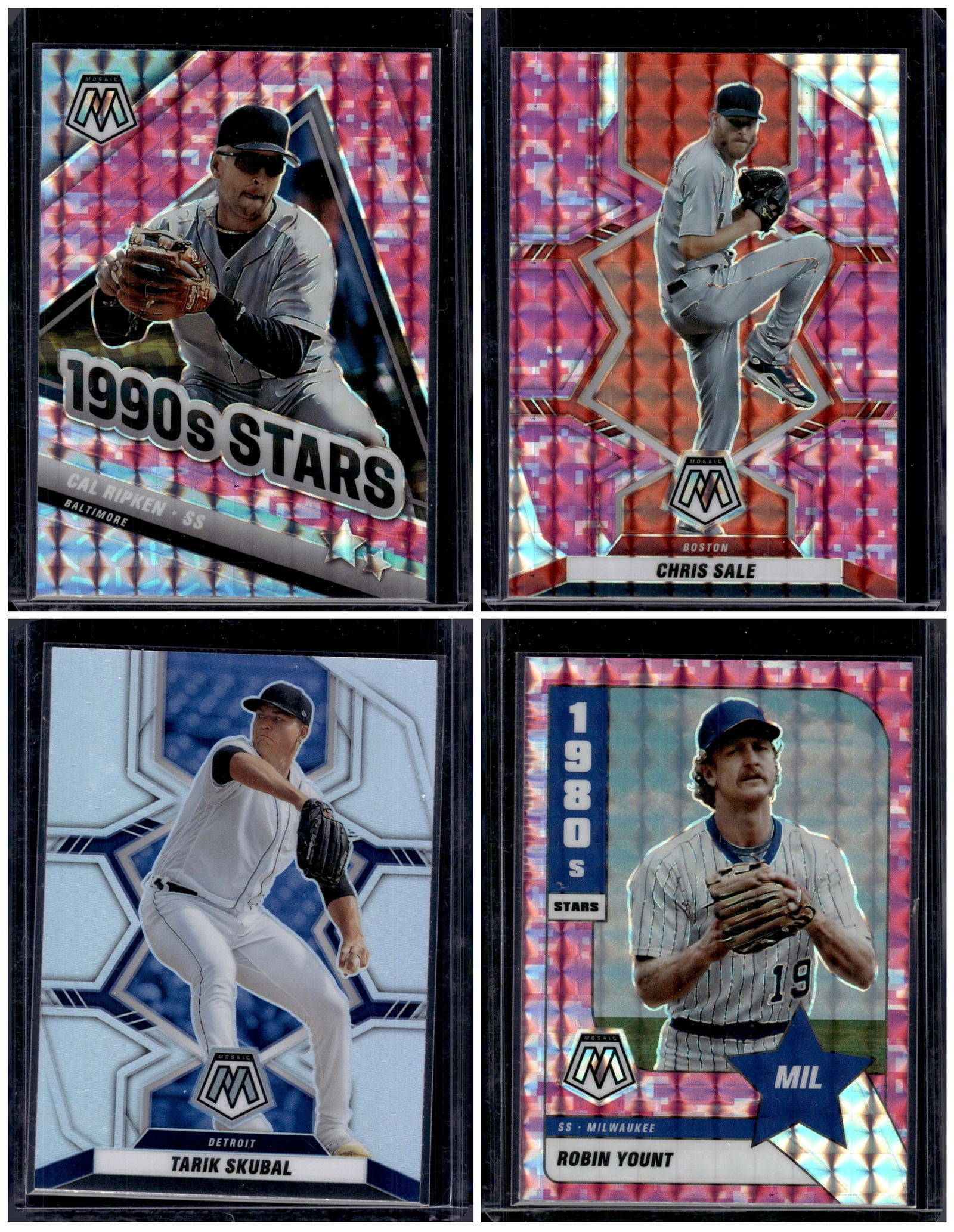 Lot of 4 2022 Panini Mosaic Baseball Pink Camo Prizms & Silver Prizms. Yount, Skubal, and more: Panini Select, Prizm, Mosaic, Contenders, Zenith, Phoenix, Illusions, Absolute, Rookie NFL Sports Trading Cards, SP, SSP, Cards, Football Cards for Sale Near Me, Superbowl & Hall of Fame Player Cards,