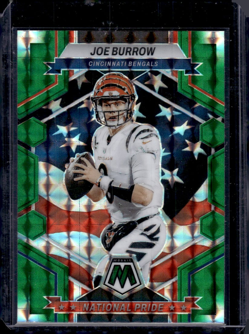 Joe Burrow National Pride Green Mosaic Prizm 2023 Panini Mosaic #254 Bengals NFL: Panini Select, Prizm, Mosaic, Contenders, Zenith, Phoenix, Illusions, Absolute, Rookie NFL Sports Trading Cards, SP, SSP, Cards, Football Cards for Sale Near Me, Superbowl & Hall of Fame Player Cards,