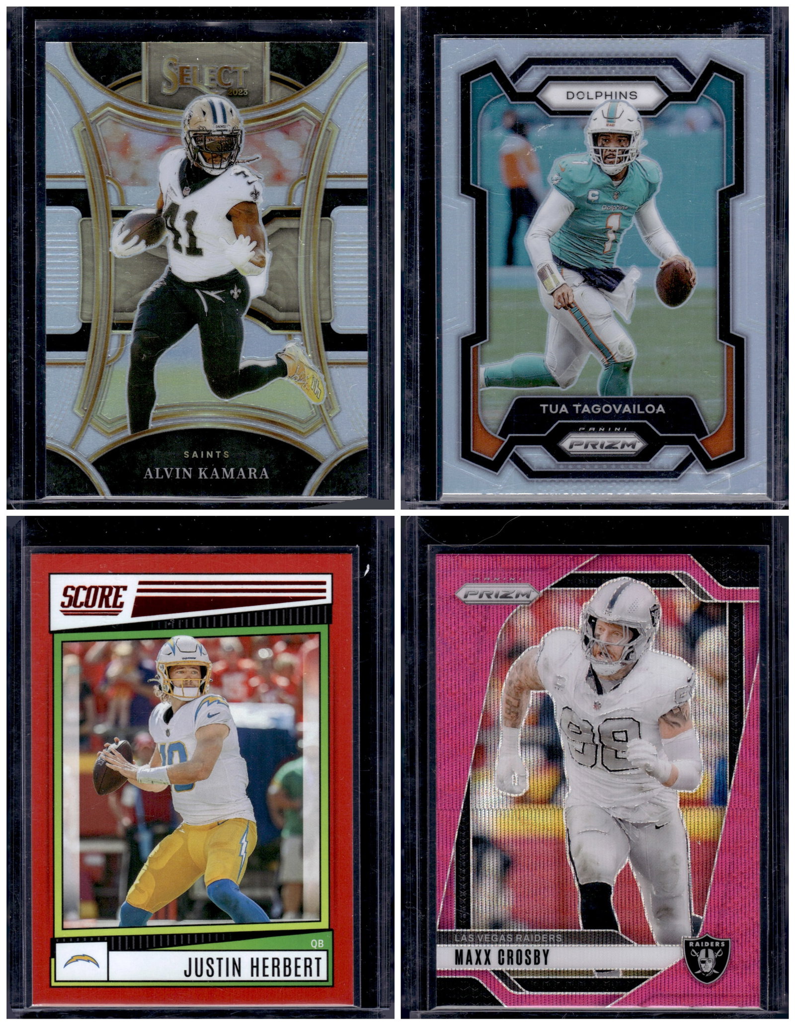 Lot of 4 NFL Football Cards. Maxx Crosby Pink Wave, Tua Tagovailoa Silver Prizm, and more: Panini Select, Prizm, Mosaic, Contenders, Zenith, Phoenix, Illusions, Absolute, Rookie NFL Sports Trading Cards, SP, SSP, Cards, Football Cards for Sale Near Me, Superbowl & Hall of Fame Player Cards,
