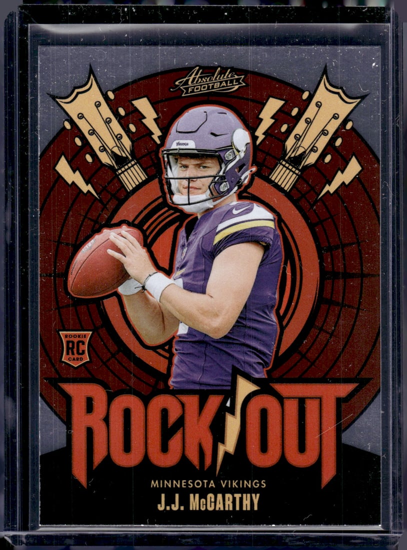 JJ McCarthy Rookie Card Rock Out 2024 Panini Absolute #RO-JMY Vikings Football Card: Panini Select, Prizm, Mosaic, Contenders, Zenith, Phoenix, Illusions, Absolute, Rookie NFL Sports Trading Cards, SP, SSP, Cards, Football Cards for Sale Near Me, Superbowl & Hall of Fame Player Cards,