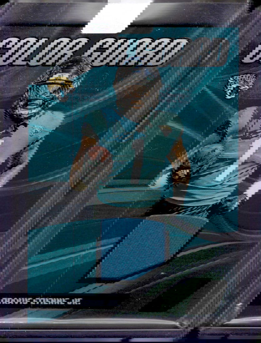 Travis Etienne Jr. Color Guard Patch 2023 Panini Zenith #CG-12 Jaguars Football Card: Panini Select, Prizm, Mosaic, Contenders, Zenith, Phoenix, Illusions, Absolute, Rookie NFL Sports Trading Cards, SP, SSP, Cards, Football Cards for Sale Near Me, Superbowl & Hall of Fame Player Cards,